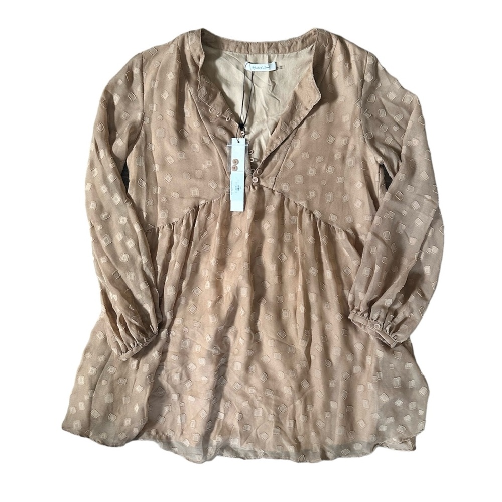 Mustard Seed NWT Farrah Tan Long Sleeve Square Print Babydoll Mini Dress, Size M